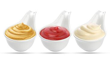 Ketchup, mustard, and mayonnaise sauces in bowl isolated on white background photo