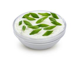 Sour cream and green onion isolated on white background photo