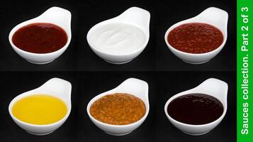 Different sauces isolated on black background photo