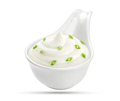 Bowl of sour cream with onion isolated on white photo