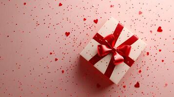 AI generated Surprise Holiday Gift Box with Red Ribbon on a festive background, perfect for Christmas, Valentine's Day, birthdays, anniversaries, and other joyous celebrations photo