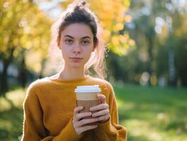 ai generado retrato de atractivo joven mujer sonriente y Bebiendo para llevar café mientras caminando en otoño parque. foto
