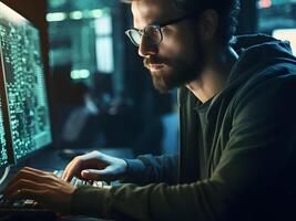 AI generated Serious programmer wearing glasses working on computer looking at program code, cyber security, digital technology, sitting at table with multiple screens. photo