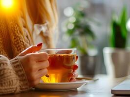 AI generated Young woman takes a break drinking hot coffee with smoke after studying or working on a wooden table. Selective focus on cup photo