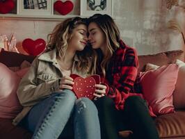 ai generado calentar Navidad día con un contento lesbiana Pareja en su hogar, en medio de amor y un calentar atmósfera. lgbt foto