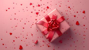 ai generado sorpresa fiesta regalo caja con rojo cinta en un festivo fondo, Perfecto para Navidad, San Valentín día, cumpleaños, aniversarios, y otro jubiloso celebraciones foto