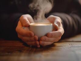 AI generated Young woman takes a break drinking hot coffee with smoke after reading or studying on a wooden table. Selective focus on cup photo
