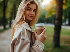 ai generado retrato de atractivo joven mujer sonriente y Bebiendo para llevar café mientras caminando en otoño parque. foto