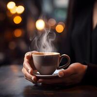 AI generated Close-up of woman's hand holding a cup of hot espresso coffee with smoke in a rustic cafe. Woman filling mug with hot fresh coffee in a morning. Close up shot photo