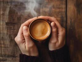 ai generado de cerca de mujer mano participación un caliente café jarra con fumar en el antecedentes de un de madera mesa. mujer relleno jarra con caliente Fresco café en un Mañana. cerca arriba Disparo foto