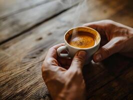 ai generado de cerca de del hombre mano participación un caliente café jarra con fumar en el antecedentes de un de madera mesa. hombre relleno jarra con caliente Fresco café en un Mañana. cerca arriba Disparo foto