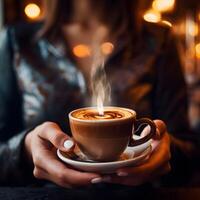 AI generated Close-up of woman's hand holding a cup of hot espresso coffee with smoke in a rustic cafe. Woman filling mug with hot fresh coffee in a morning. Close up shot photo