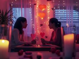 ai generado Noche Navidad calor con un contento lesbiana Pareja en su hogar, rodeado por suave luz de una vela, un acogedor invierno ajuste. lgbt foto