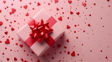 ai generado sorpresa fiesta regalo caja con rojo cinta en un festivo fondo, Perfecto para Navidad, San Valentín día, cumpleaños, aniversarios, y otro jubiloso celebraciones foto