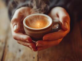 AI generated Close-up of Woman's hand holding a hot coffee mug with smoke on the background of a wooden table. Woman filling mug with hot fresh coffee in a morning. Close up shot photo