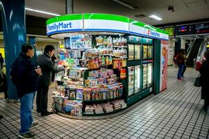 Osaka City, Japan, 2019 - Small convenience store of Family Mart with full product at Nara train station. This mini mart is generally available at railway stations and underground in Japan. photo