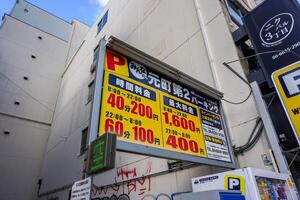 Osaka City, Japan, 2023- Japan time signs and prices of coins parking lots services. Coins parking lot services are popular in Japan because Japan modern houses are small and don't have a garage photo