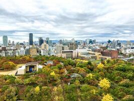 escénico ver de Osaka ciudad con arce arboles en otoño temporada debajo azul cielo antecedentes. foto