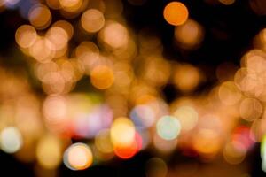 Abstract blurred and bokeh reflection lighting of decorate led light bubs on trees and city night life. photo