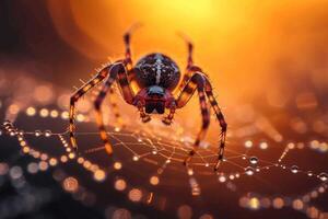 ai generado araña gatea en un rociado web, silueta en contra un puesta de sol foto
