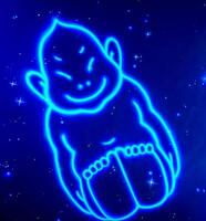 Osaka City, Japan, 2023 -Image of Billiken in blue neon glowing on night sky background. Billiken is lucky god in Japan and this image is a hologram on elevator's ceiling in Tsutenkaku tower. photo