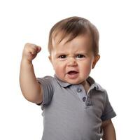 AI generated Baby hold up his fist determined to work hard funny shot in png transparent background photo