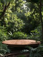 AI generated wooden cylindrical platform in the middle of a forest photo
