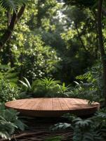 AI generated wooden cylindrical platform in the middle of a forest photo