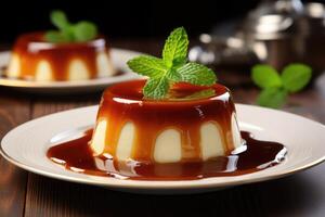 AI generated delicious pudding with caramel . ai generated photo