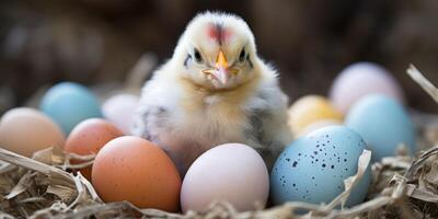 AI generated cute easter chicken with eggs. ai generated photo