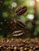 AI generated free photo of floating coffee beans on a blurred background, closeup shot