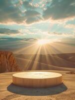 AI generated free photo of a product podium in the middle of a desert with sun rays coming from the back