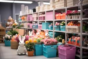 AI generated storage room in supermarket full of Easter decorations in boxes. ai generated photo