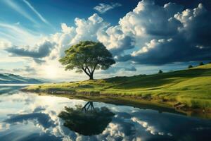 AI generated Serene summer landscape with tree and foggy fields. AI Generated photo