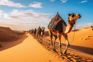 AI generated A caravan of camels rests in the desert against the backdrop of the red sea and high mountains. ai generated photo