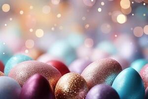 ai generado Pascua de Resurrección bandera con decoraciones, cesta, espumoso Bokeh, pastell colores. ai generado foto