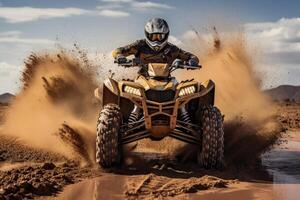 AI generated Offroad safari in sand desert. Quad bike on sand dune. ai generated photo