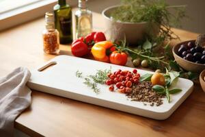 ai generado culinario antecedentes. de madera corte tablero con cortar vegetales. ai generado foto