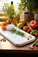 ai generado culinario antecedentes. de madera corte tablero con cortar vegetales. ai generado foto