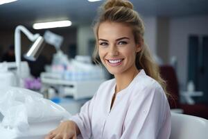 AI generated young woman getting her nails done by a manicurist in a beauty salon. ai generated photo