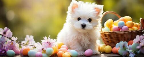 AI generated cute white puppy with blue eyes in easter eggs. ai generated photo
