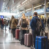 AI generated Tourists standing with luggage in queue in the airport terminal. ai generated photo