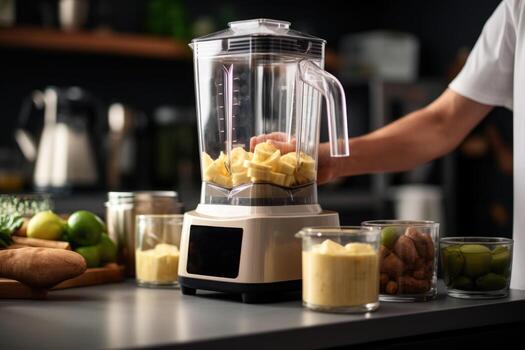 AI generated man hands making smoothie using blender. ai generated photo