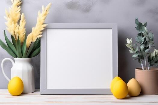 AI generated wooden frame on the table decorated for Easter. ai generated photo