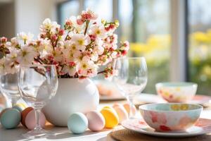 AI generated table setting with spring flowers for Easter celebration. ai generated photo