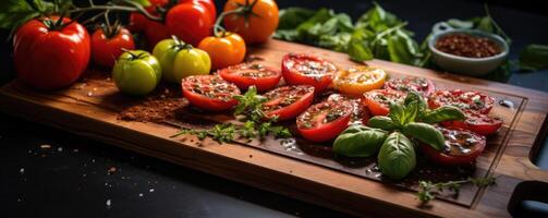 ai generado culinario antecedentes. de madera corte tablero con cortar vegetales. ai generado foto
