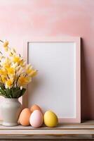 ai generado de madera marco en el mesa decorado para Pascua de Resurrección. ai generado foto