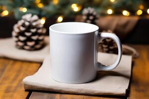 AI generated Blank white mug mockup photo on wooden table. AI Generated