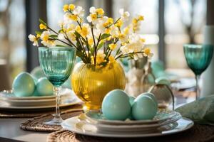 AI generated table setting with spring flowers for Easter celebration. ai generated photo