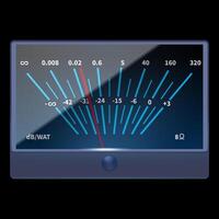 Analog VU meter with peak LED. Decibel power level. A volume unit - VU meter left and right. Device displaying a representation of the signal level in audio equipment. Vector illustration